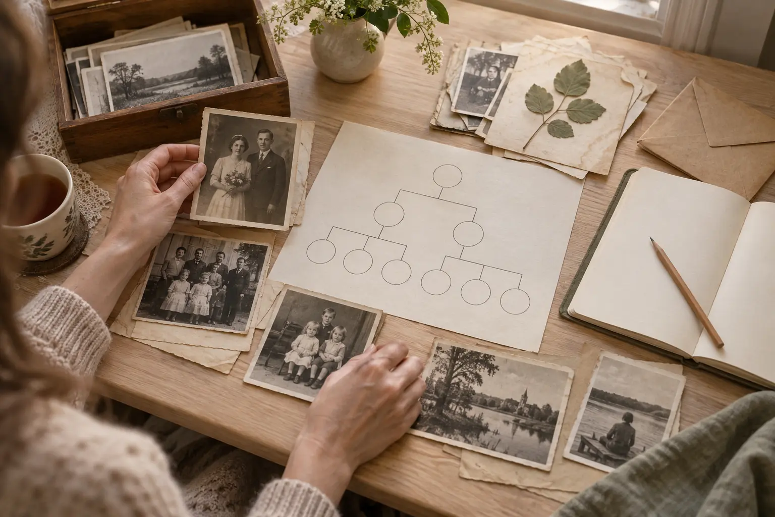 Семейные фотографии, архивные документы и схема родословной на столе