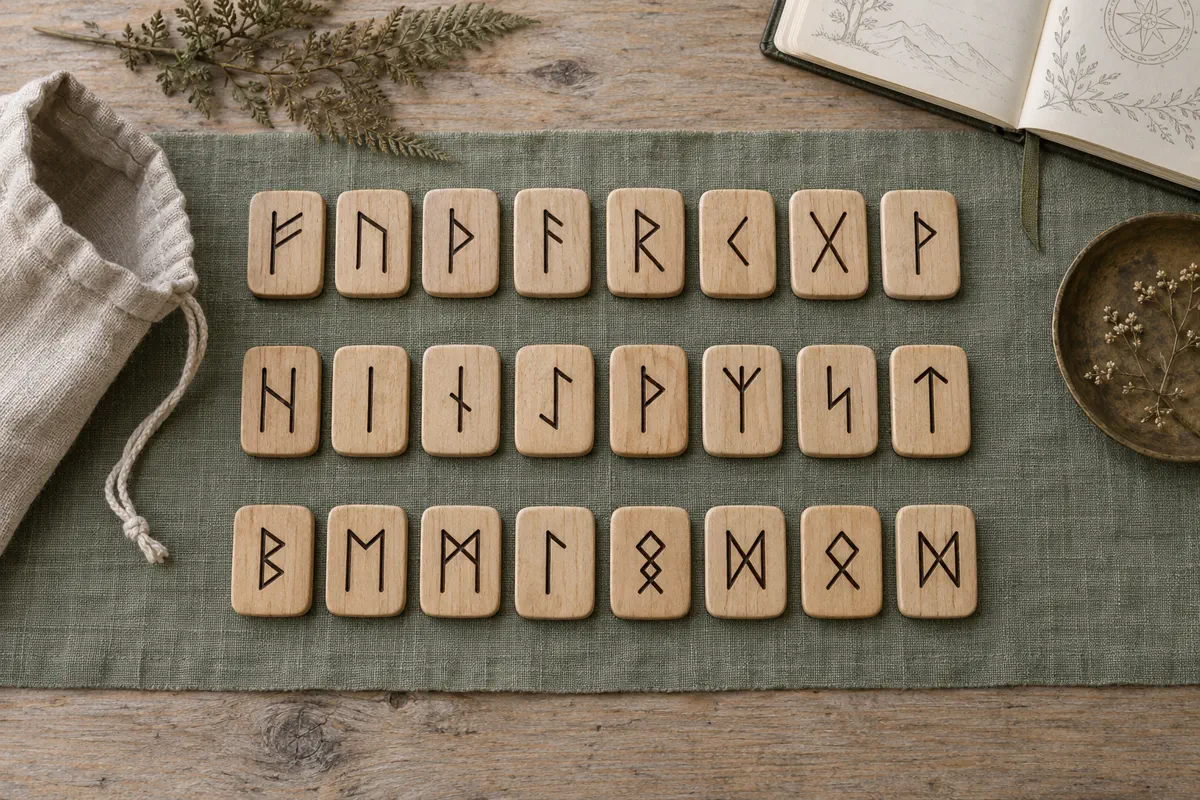 Набор из 24 деревянных рун, разложенных тремя рядами